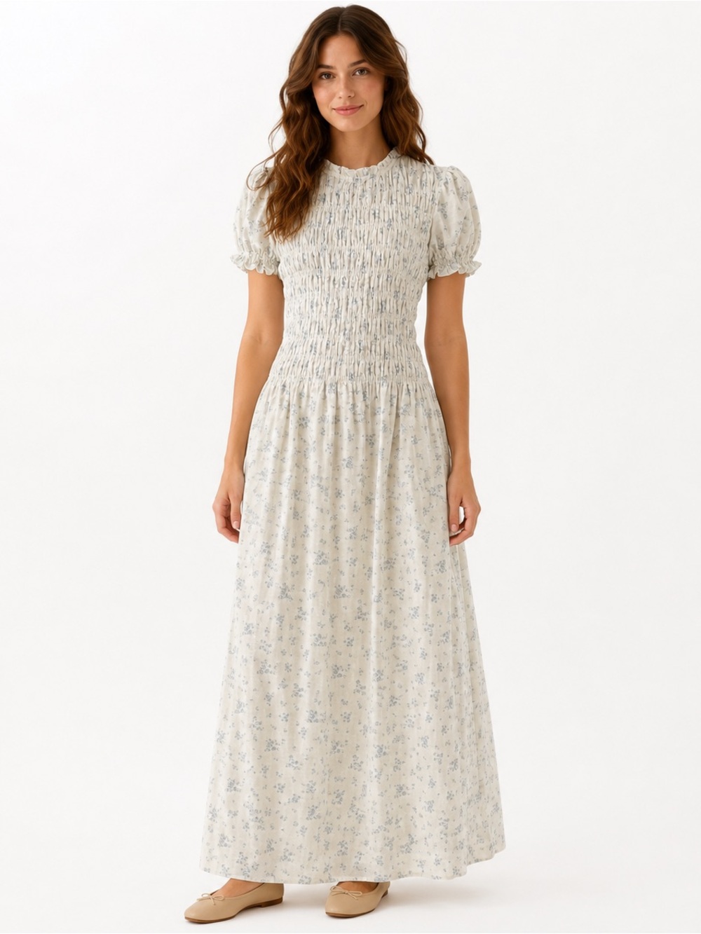 Worth Collective XL Blue Floral Smocked Midi Dress Cottagecore Prairie
